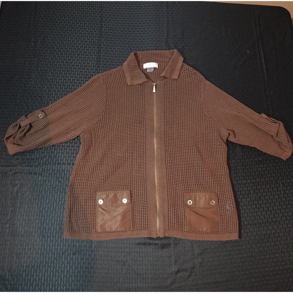 Allison Daley Brown Open Knit Zip Front Cardigan Roll Tab Cotton Womens Medium